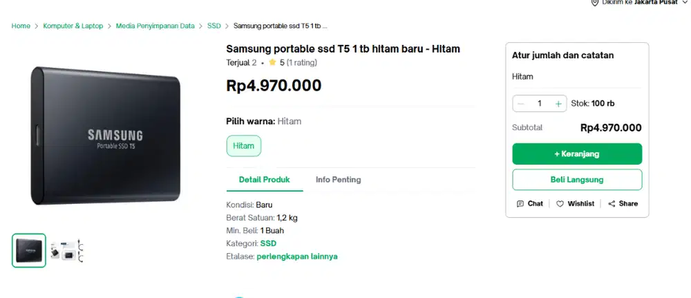 Samsung T5 portable SSD kapasitas 2 TB Memori Internal warna Biru