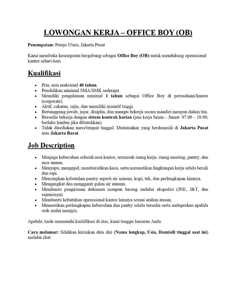 DIBUTUHKAN SEGERA: OFFICE BOY