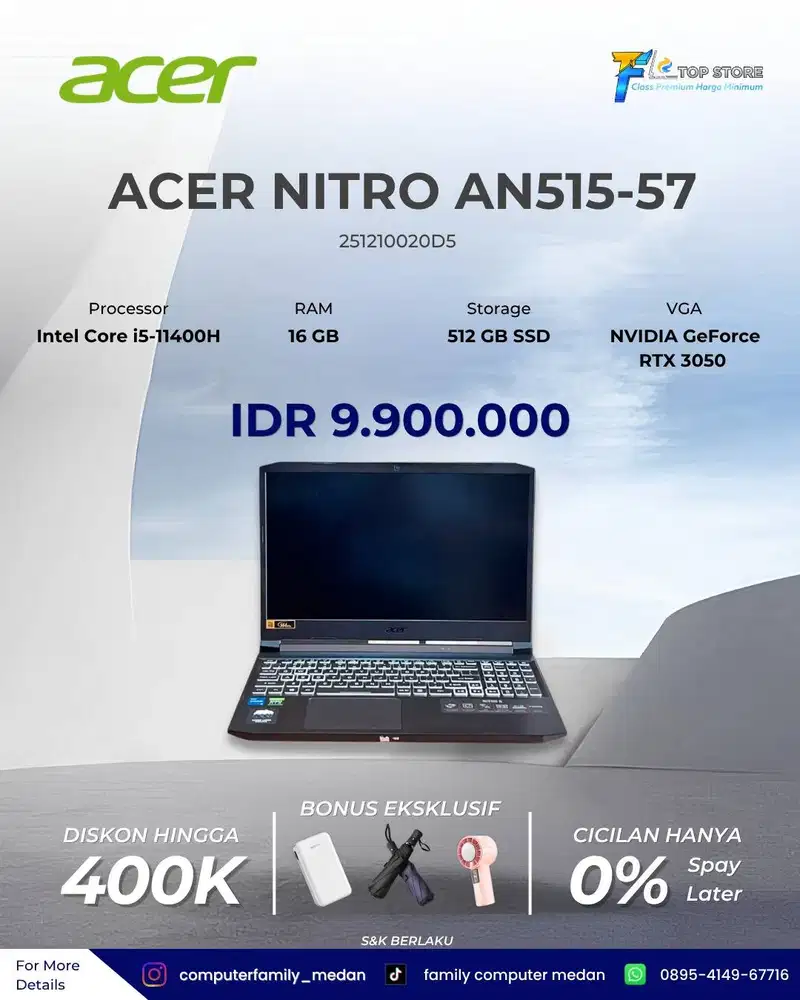 ACER NITRO AN515-57 RAM 16GB SSD 512GB CORE I5-11400H NVIDIA GEFORCE R