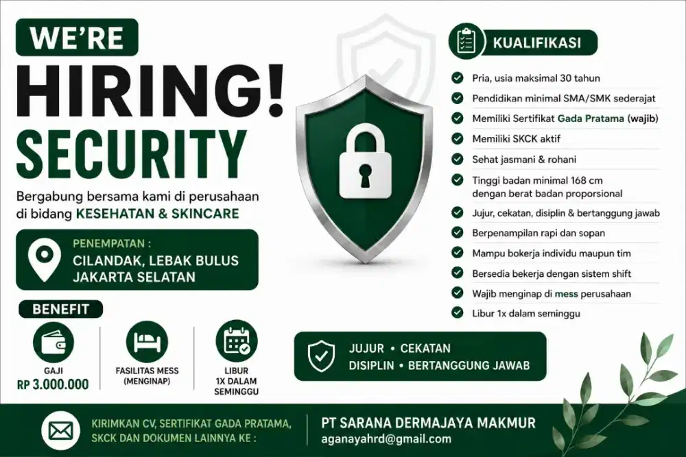 Loker Security Jakarta Selatan | Gaji Rp3.000.000 | Mess Disediakan