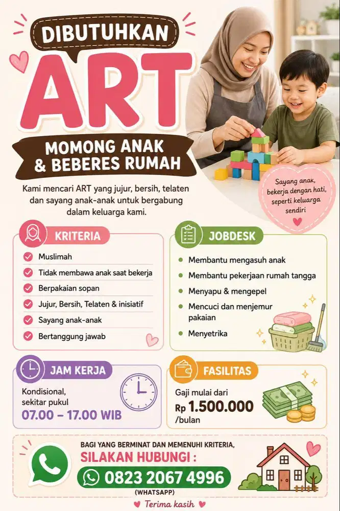 dicari art untuk bebersih rumah dan jaga anak