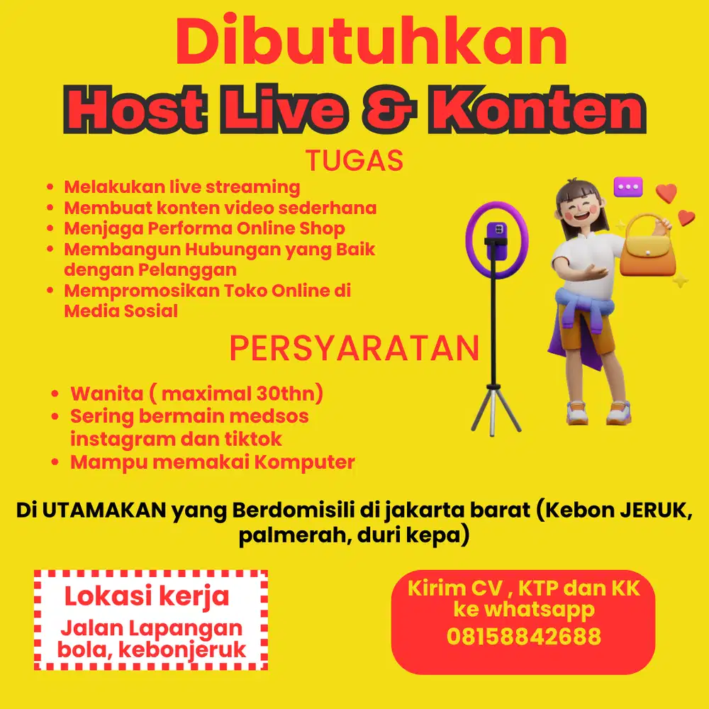 Dibutuhkan HOST LIVE dan Konten. Lokasi kebon jeruk jakbar