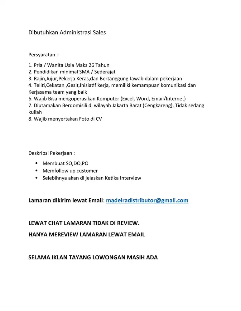 DIBUTUHKAN SALES ADMINISTRASI