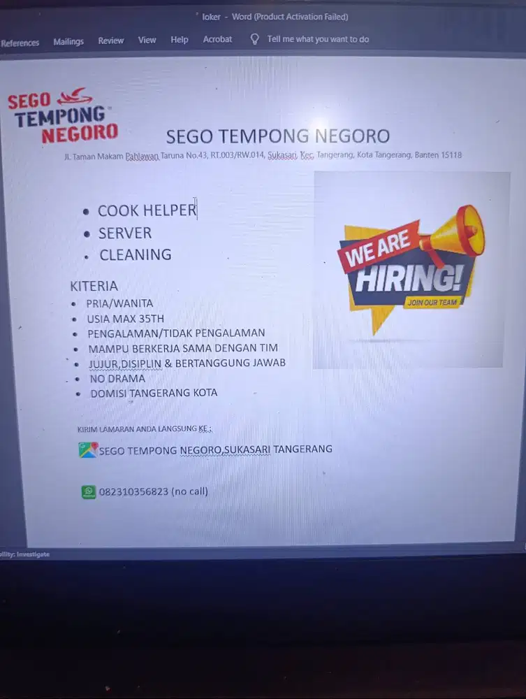 Loker Sego tempong negoro Tangerang