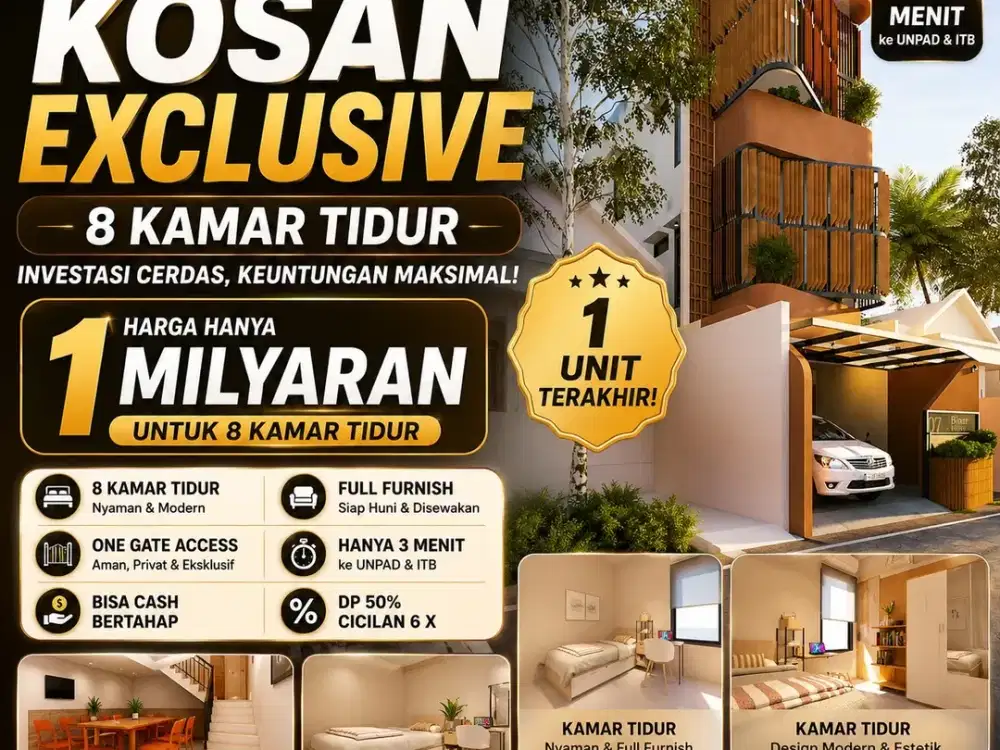 Dijual Kosan Premium 8 KT Full Furnish, Siap Operasional.