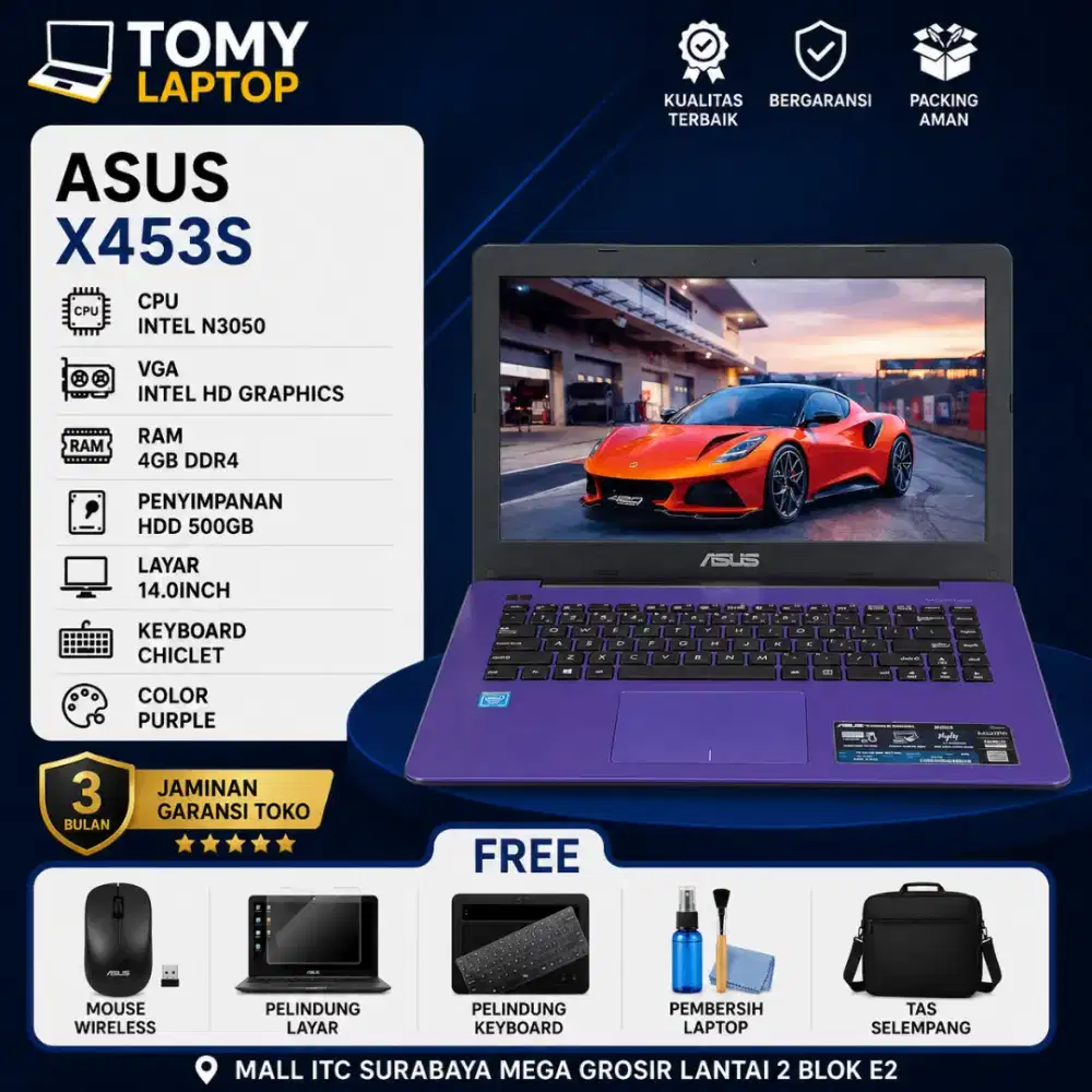 ASUS X453S INTEL N3050 INTEL HD GRAPHICS RAM 4GB HDD 500GB 14INCH