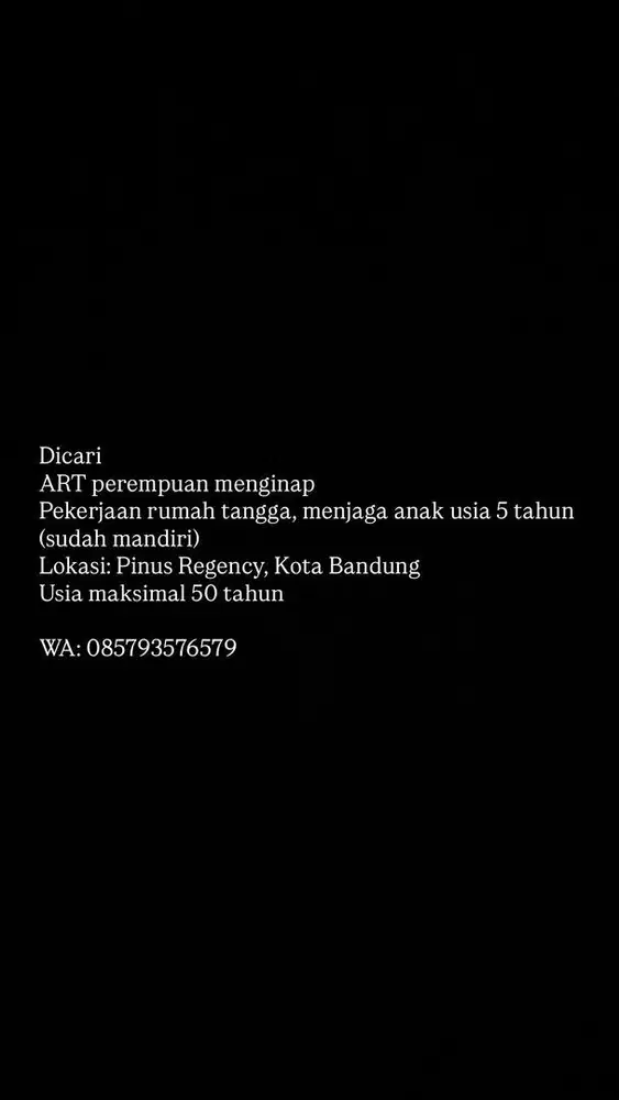 Dicari ART menginap