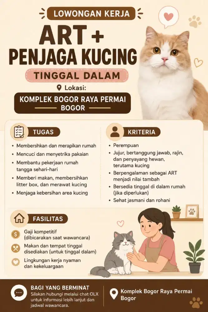 LOWONGAN ART + PENJAGA KUCING (TINGGAL DALAM) – BOGOR RAYA PERMAI