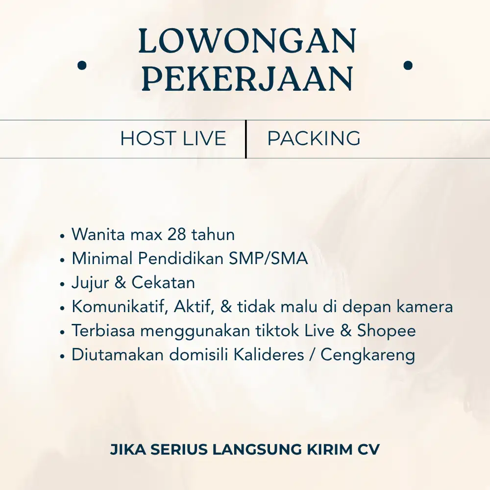 Dicari Karyawan Host Live & Packing Daerah Kalideres