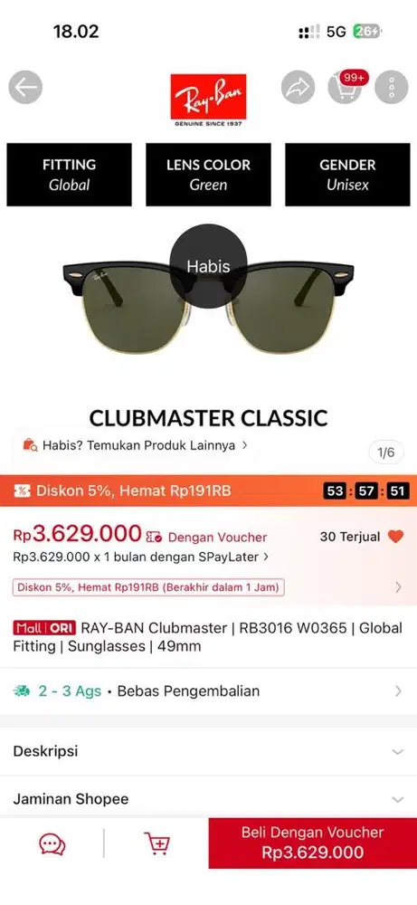 Ray-Ban Clubmaster Classic RB3016 Original Like New - Baru Coba 1x