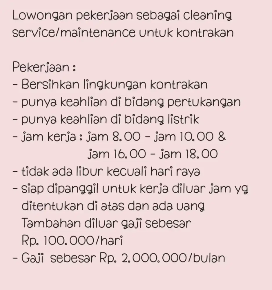 DICARI PEKERJA MAINTENANCE KONTRAKAN