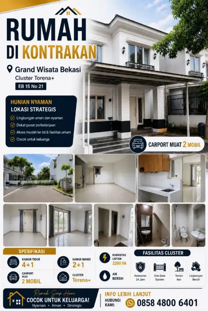 Disewakan Rumah Baru Grand Wisata Bekasi Cluster Torena +