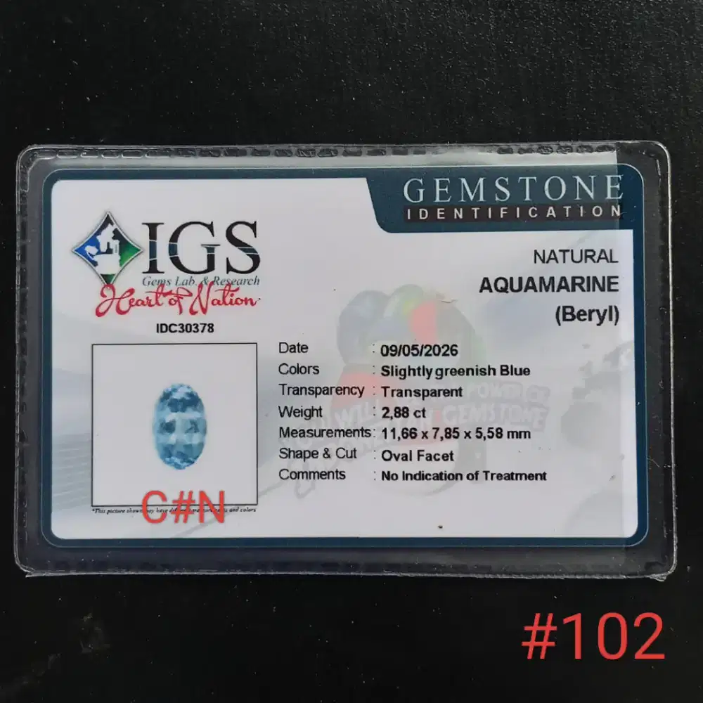 Batu permata natural Aquamarine, gem id card IGS