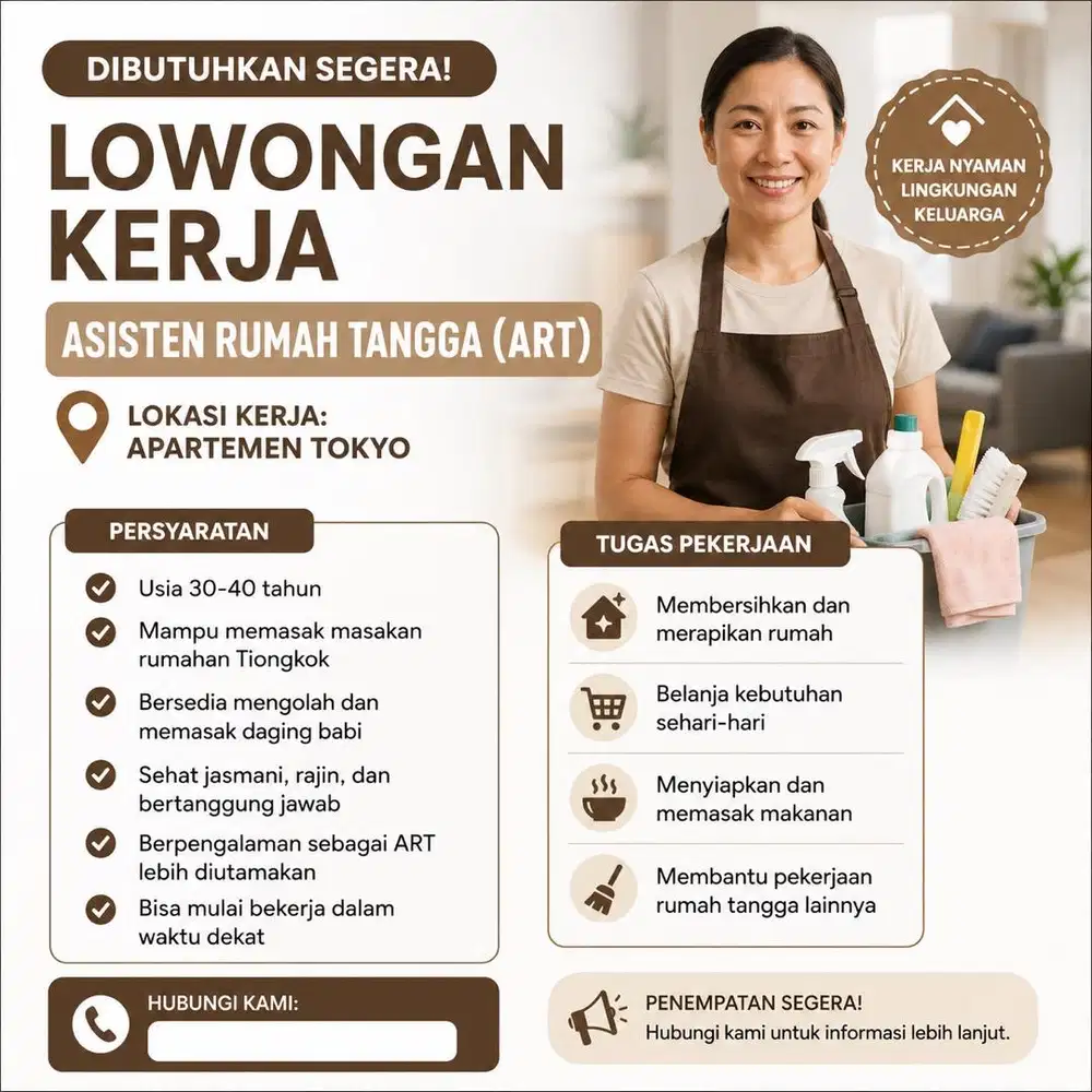 asisten rumah tangga (bisa sedikit mandarin)