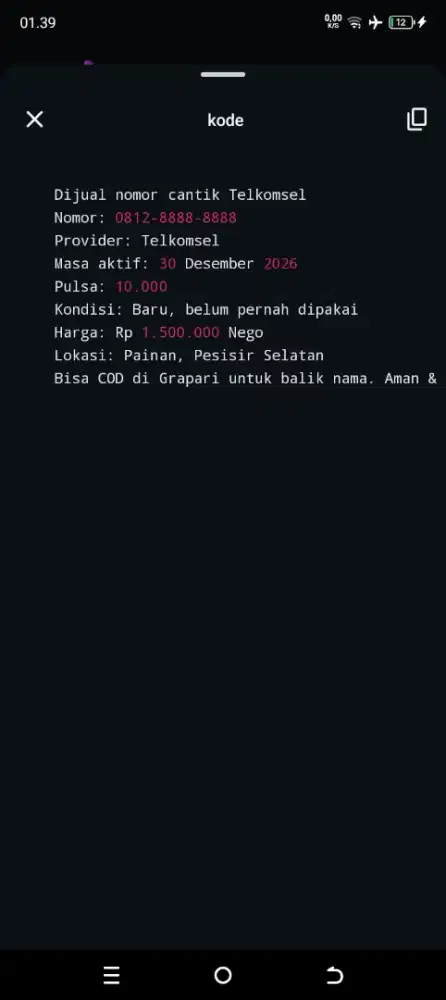 Dijual nobor cantik Telkomsel