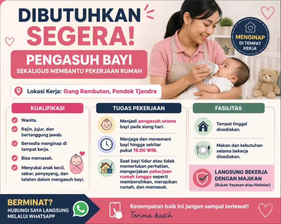 DIBUTUHKAN SEGERA – PENGASUH BAYI SEKALIGUS MEMBANTU PEKERJAAN RUMAH