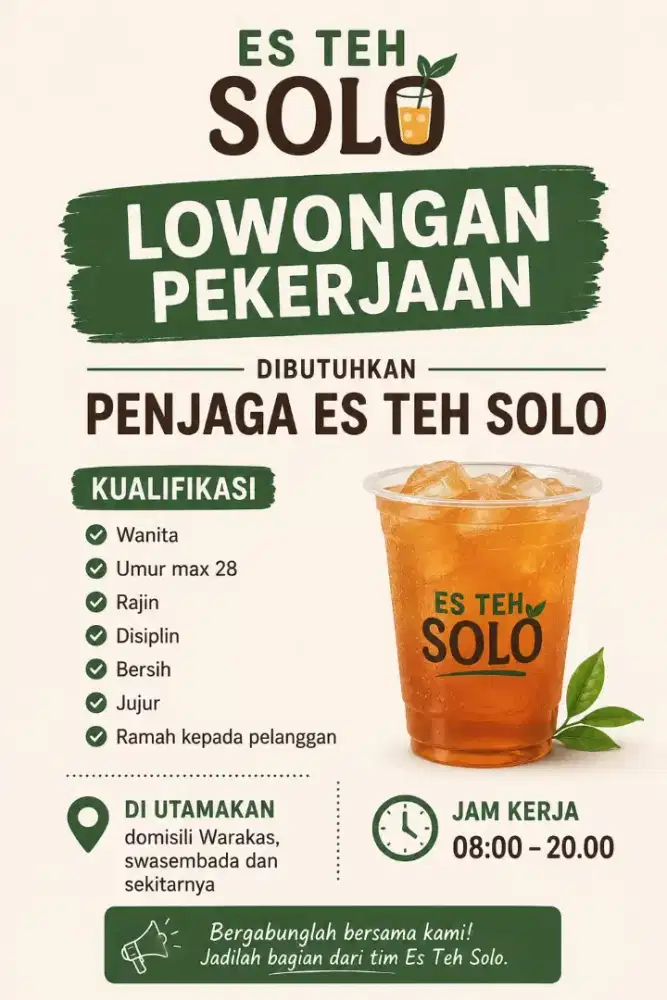 Dibutuhkan wanita untuk jaga outlet teh solo