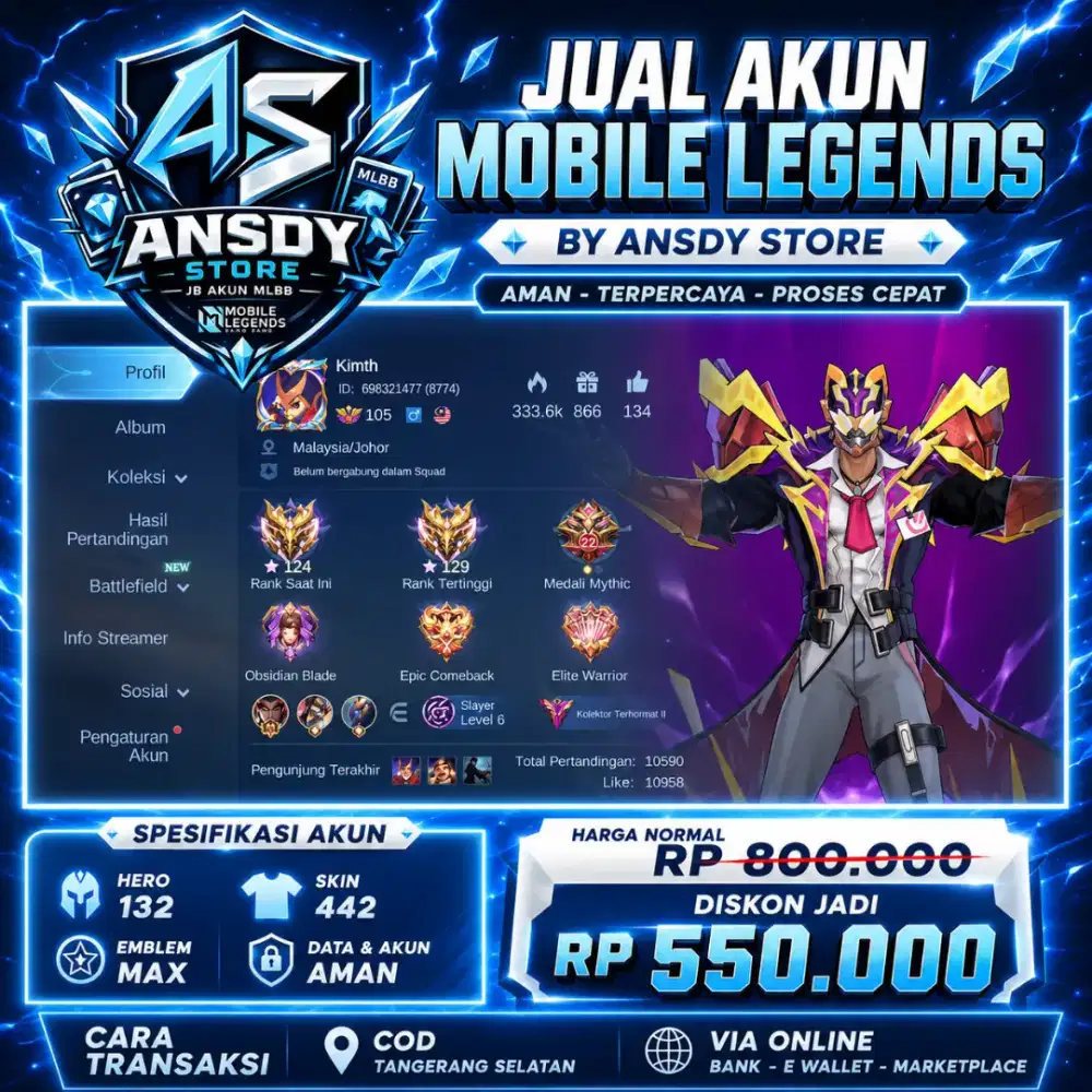 JUAL AKUN MLBB SKIN 442 HERO 132 EMBLEM MAX