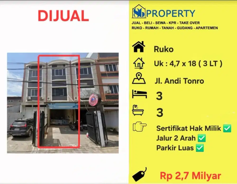 Dijual Ruko di jalan andi tonro makassar