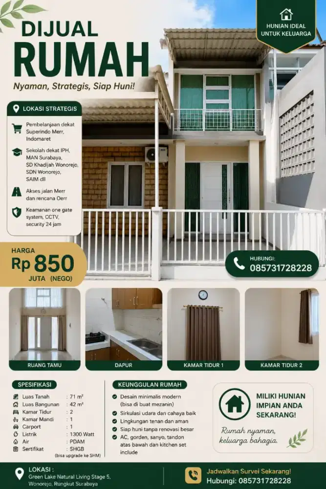Dijual Rumah Strategis Siap Huni Wonorejo Rungkut. Green Lake Stage 5