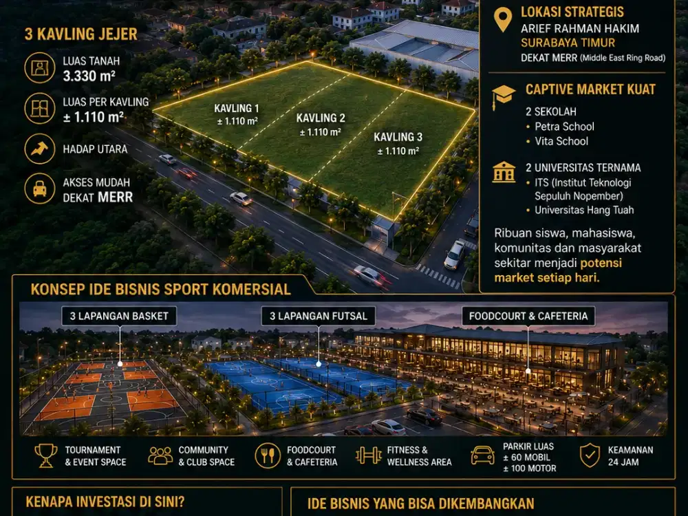 3 Kavling jejer luas 3.330m2 di Arief Rachman Hakim cocok buat Sport Futsal & basket,dekat dengan sekolah Petra, Vita, ITS, HangTuah