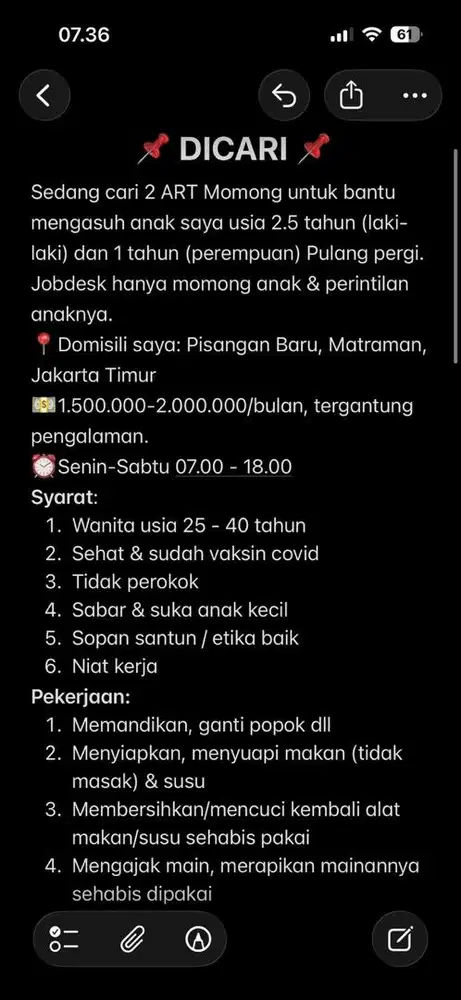 DICARI ART MOMONG PULANGPERGI - PISANGAN BARU, JAKARTA TIMUR