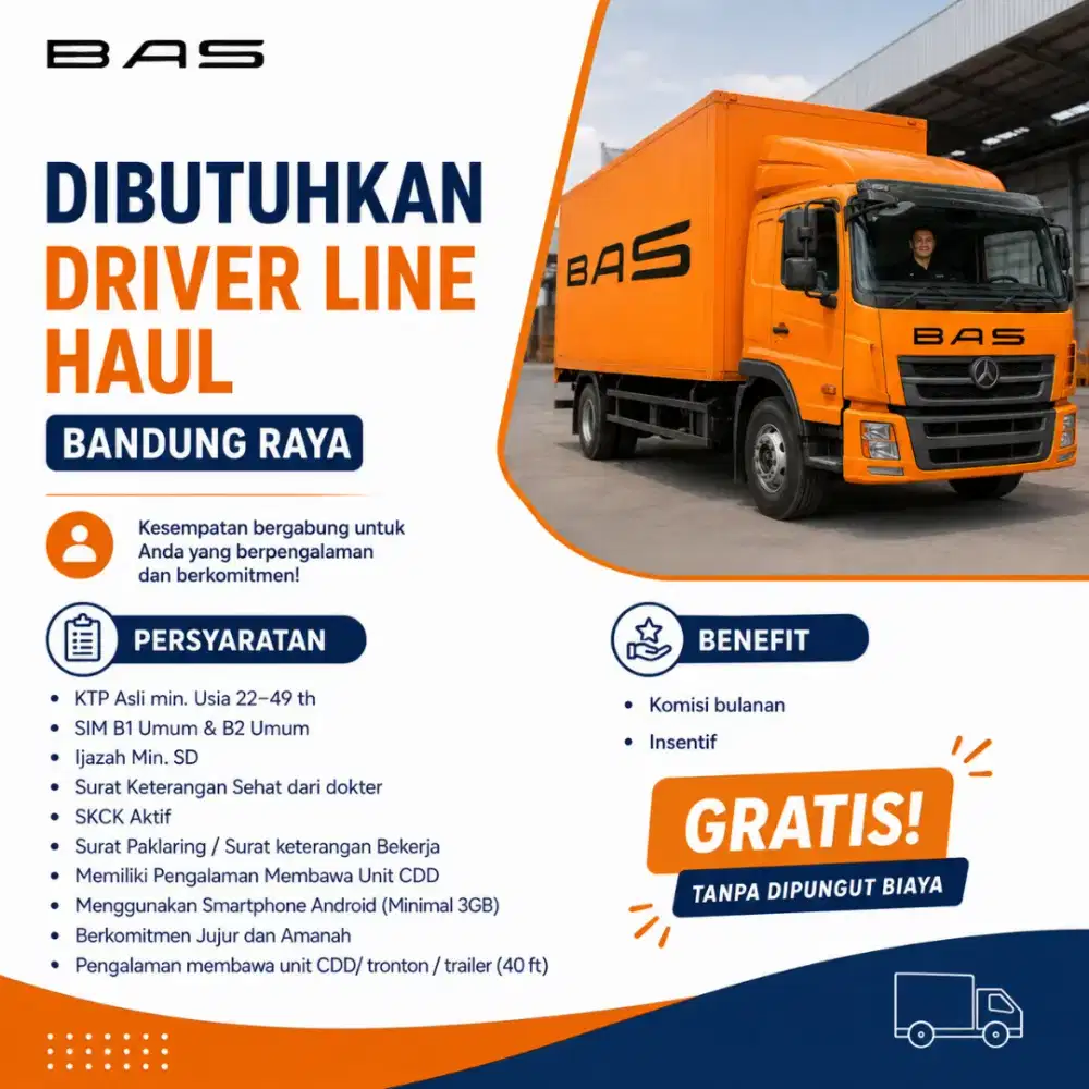 DIBUTUHKAN DRIVER LINE HAUL – BANDUNG RAYA