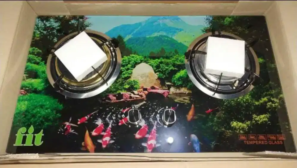 Kompor Gas Tanam 2 Tungku Tempered Glass Motif Koi FI Mulus,Siap Pakai
