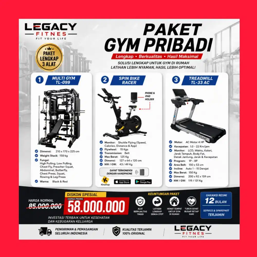 PaketGymPribadi 3 Alat HomeGymTL-099+Treadmill TL-33AC+SpingBike Racer
