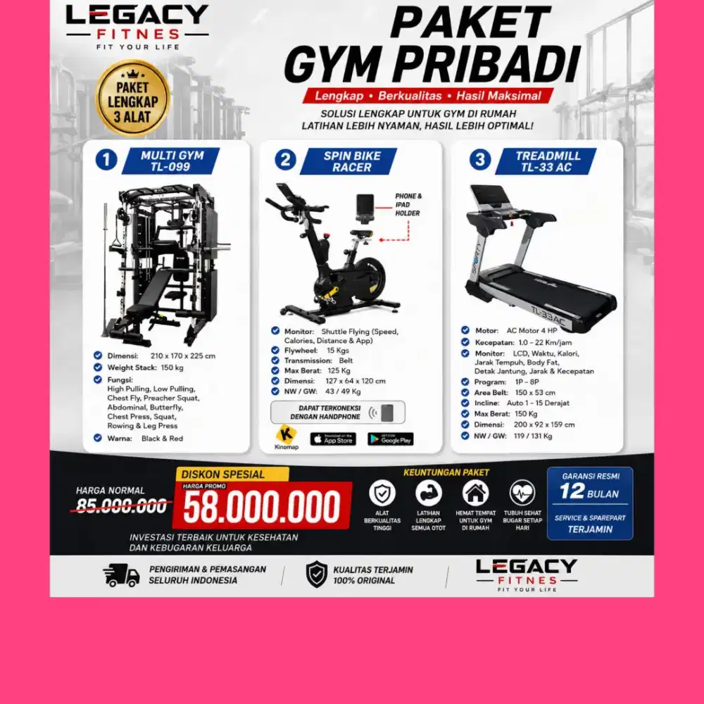 PaketGymPribadi 3 Alat HomeGymTL-099+Treadmill TL-33AC+SpingBike Racer