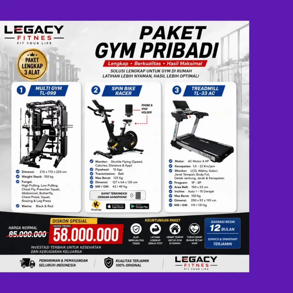 PaketGymPribadi 3 Alat HomeGymTL-099+Treadmill TL-33AC+SpingBike Racer