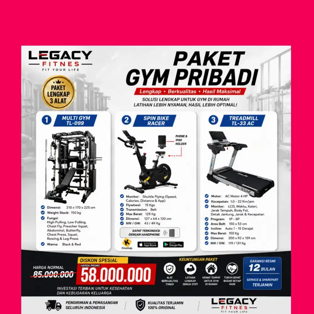 PaketGymPribadi 3 Alat HomeGymTL-099+Treadmill TL-33AC+SpingBike Racer