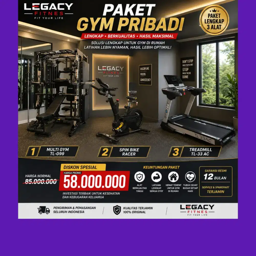 PaketGymPribadi 3 Alat HomeGymTL-099+Treadmill TL-33AC+SpingBike Racer