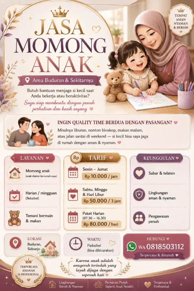 Jasa jaga anak saat bekerja atau saat ingin qualitytime dengan suami