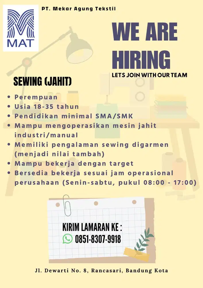 INFO LOKER - JAHIT (Bandung Kota)
