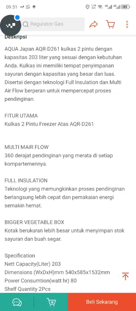 Kulkas aqua aqr d-261(DG)