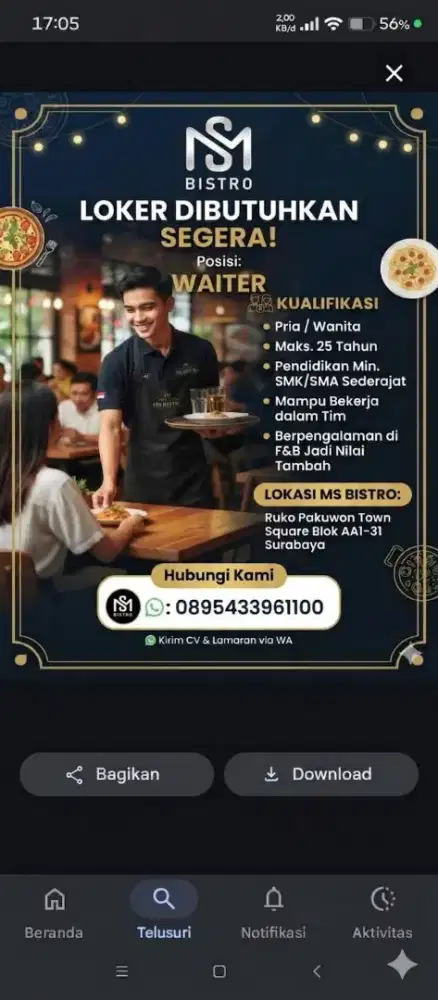 Dibutuhkan segera waiters