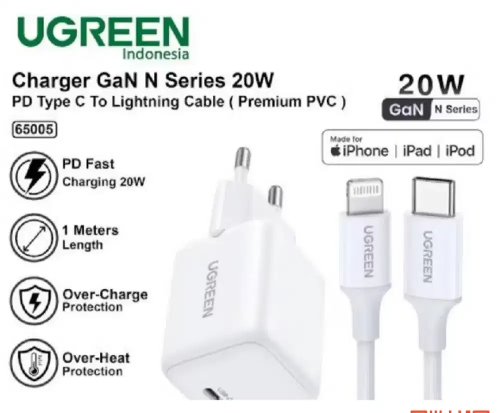Charger Ugreen 1 set type C to Lightning untuk iPhone 11-14 Pro