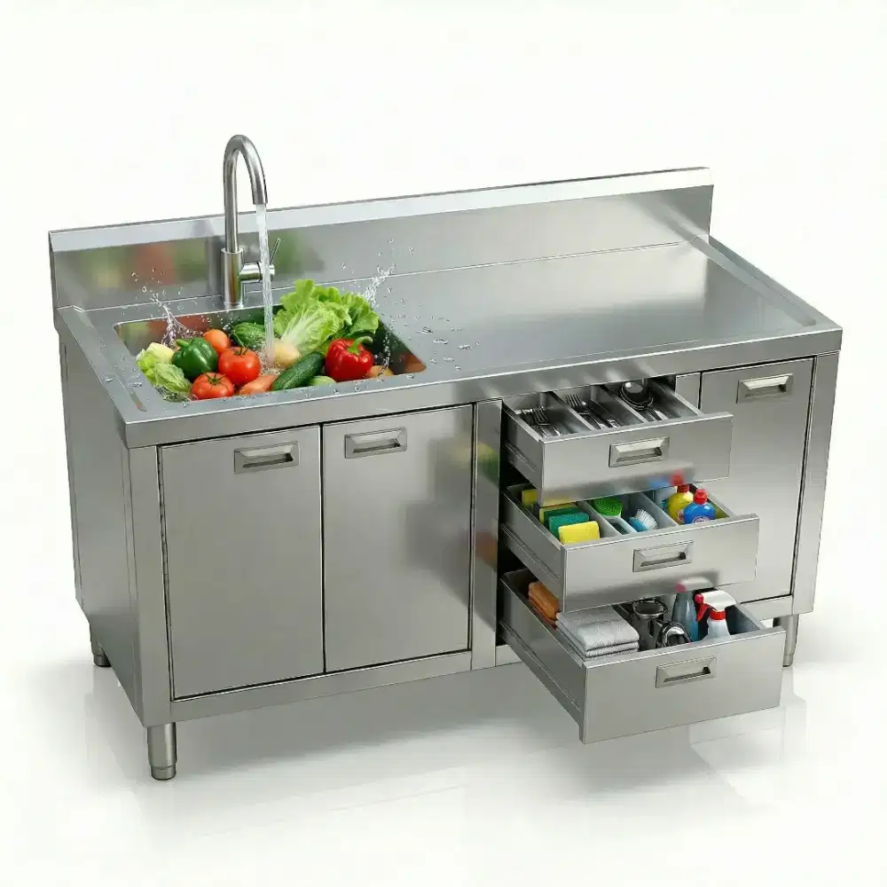 Meja Kerja Kabinet Dapur Stainless Steel Komersial Dengan Wastafel