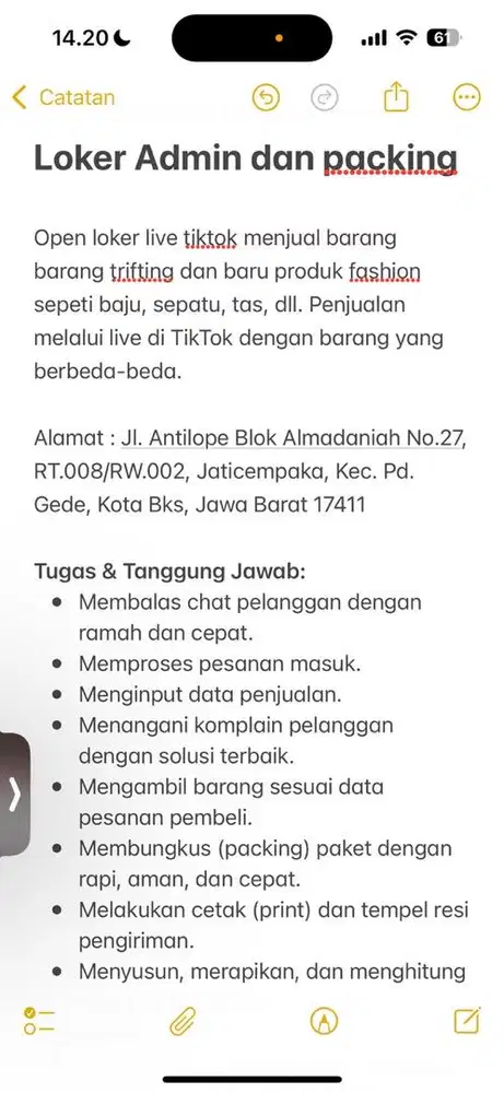 Open loker admin live dan packing