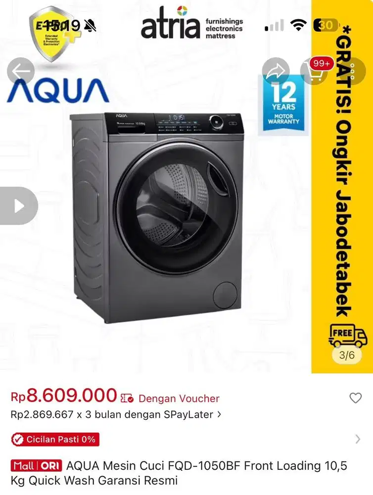 Mesin cuci aqua 1 tabung 10.5kg