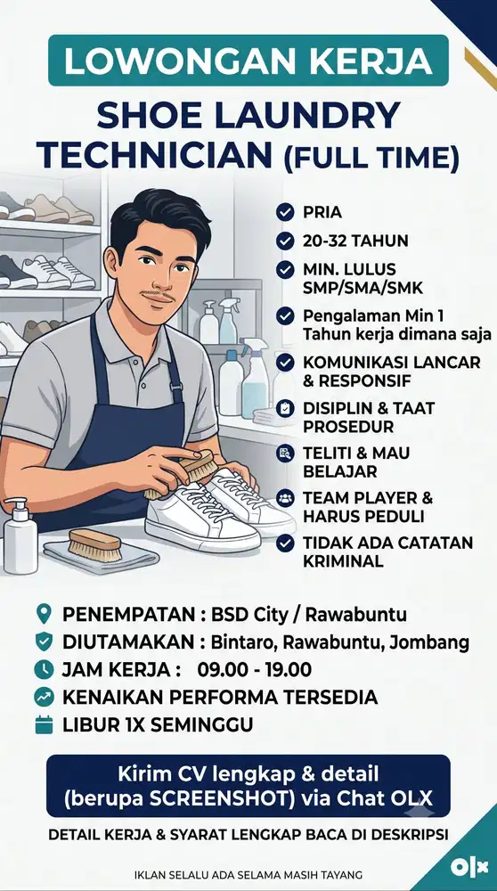 Lowongan Kerja Tim Shoe Technician / Staff Cuci Sepatu BSD Tangerang