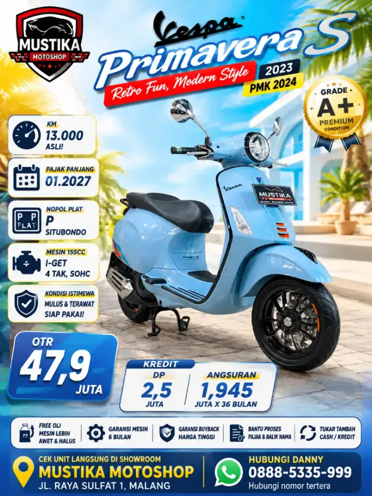 Vespa Primavera S 150 2023 pmk 24. KM 13rb.DANNY Mustika Sulfat Malang