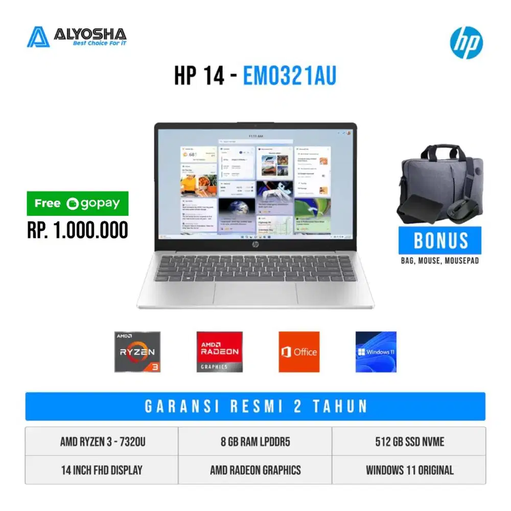 Laptop HP 14 EM0320AU EM0321AU AMD Ryzen 3 7320U 8GB SSD 512GB