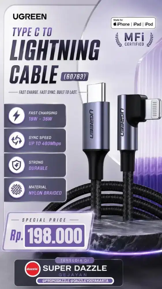 UGREEN TYPE C TO LIGHTNING MFI CABLE (60763)