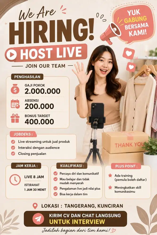 Dibutuhkan segera host live baju wanita pede dan bertanggung jawab