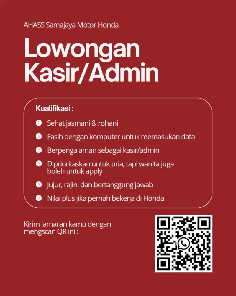 Lowongan Kasir/Admin Honda Berpengalaman