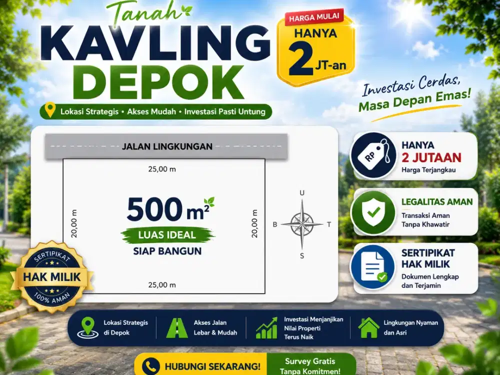Tanah Kavling 2 Jt-an, 5 Menit The Park Sawangan, SHM Siap Balik Nama