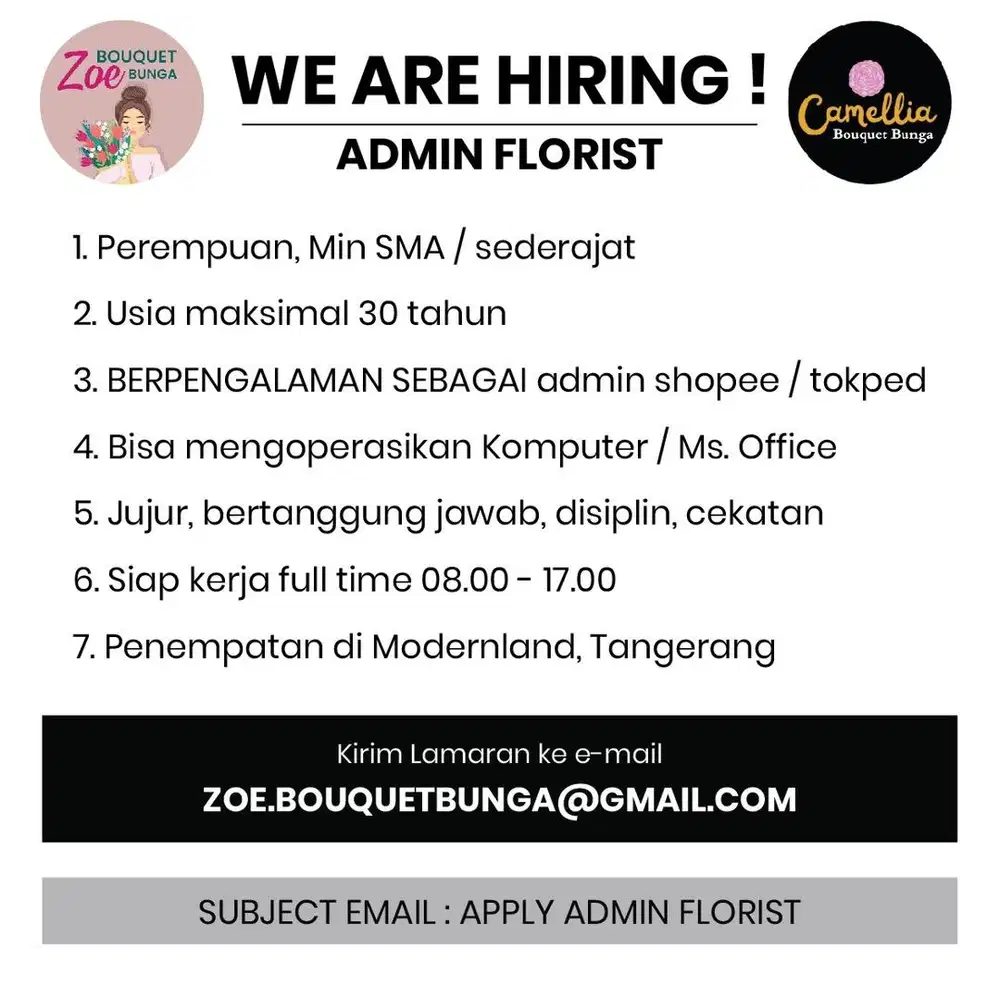 Lowongan Kerja Admin Shopee dan tokped FLORIST