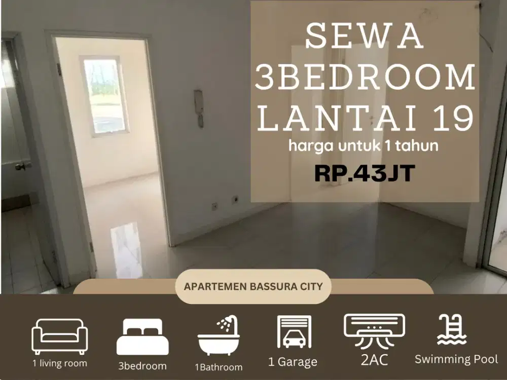 Disewakan 3kamar Unfurnished AC baru dekat mall apartemen bassura city